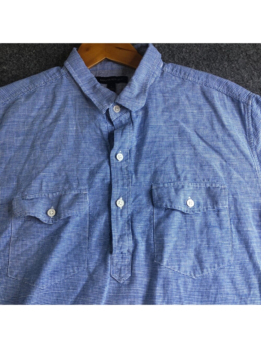 Banana Republic Popover Top Mens Large Blue Linen Blend Houndstooth Short Sleeve